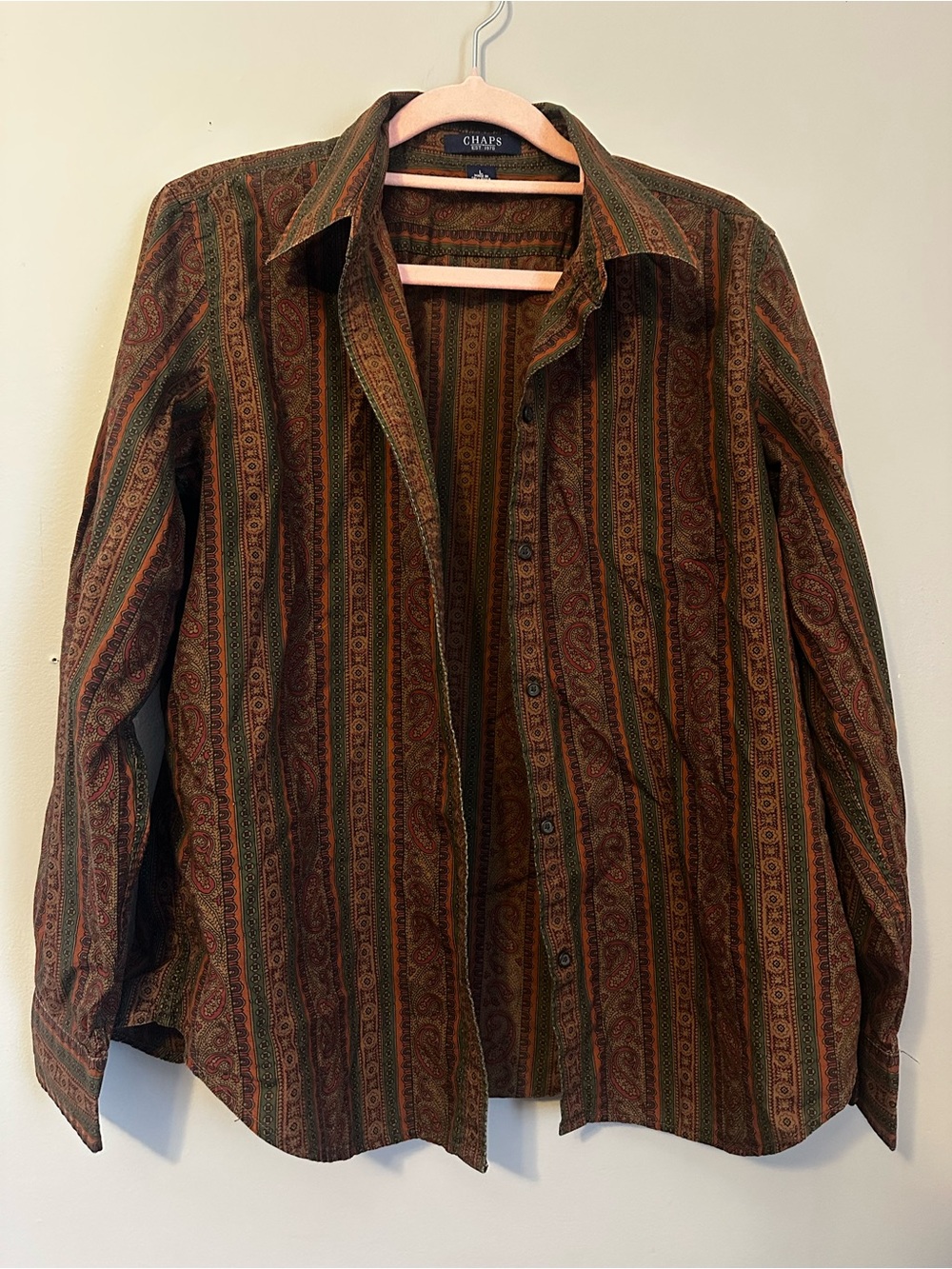 Chaps 100% Cotton Paisley Shirt Brown Olive Rust Striped Button Down Boho 90s
